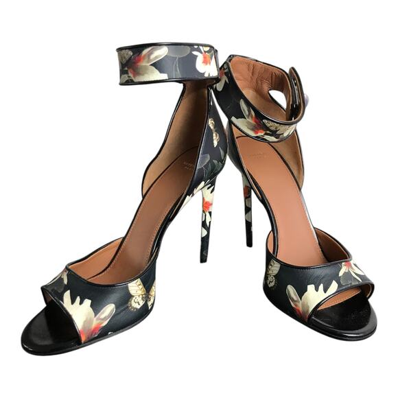 Givenchy Magnolia Moth Black Floral Print Ankle Strap Sandals Women US10 40 NEW - Picture 1 of 10